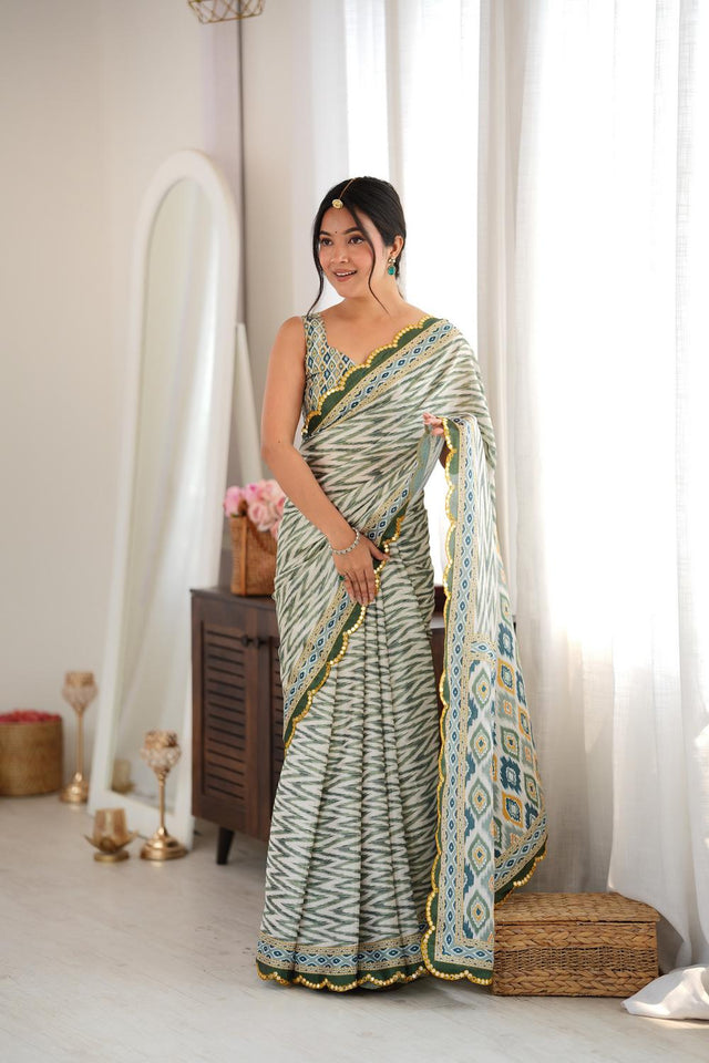 Green Geometric Printed with Mirror Border Chinon Saree (ACA9635)