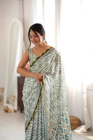 Green Geometric Printed with Mirror Border Chinon Saree (ACA9635)