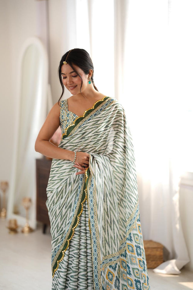 Green Geometric Printed with Mirror Border Chinon Saree (ACA9635)