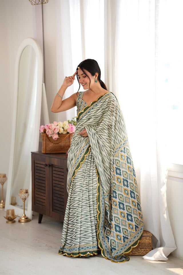 Green Geometric Printed with Mirror Border Chinon Saree (ACA9635)
