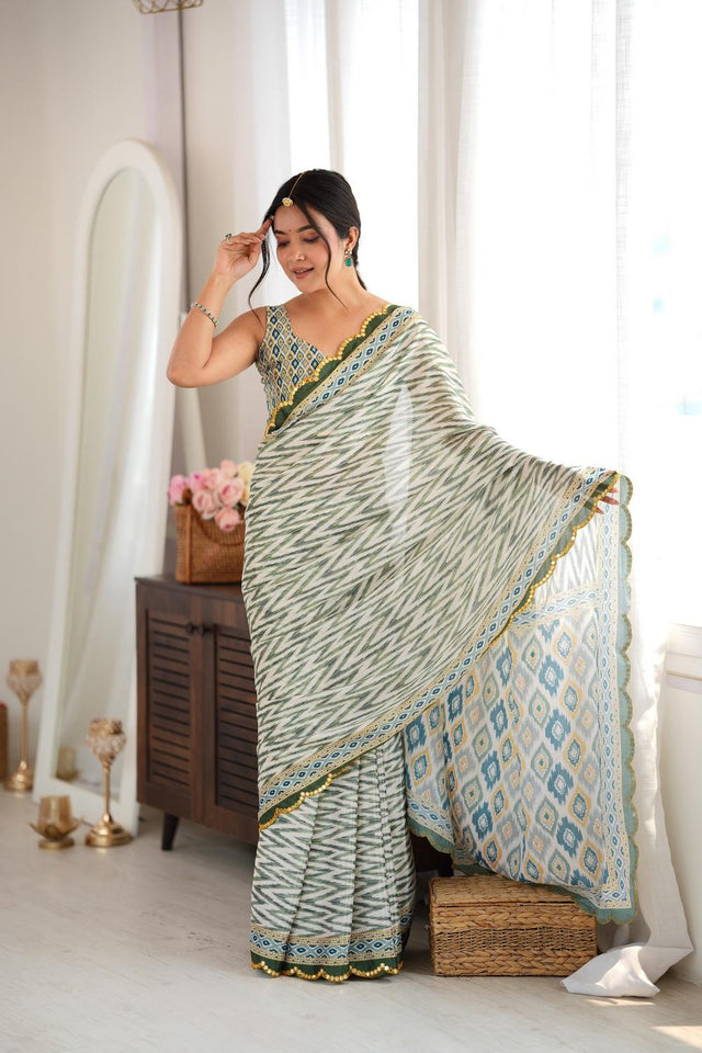 Green Geometric Printed with Mirror Border Chinon Saree (ACA9635)