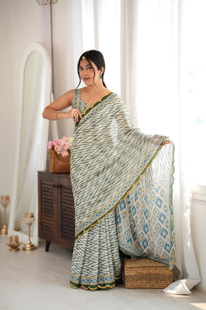 Green Geometric Printed with Mirror Border Chinon Saree (ACA9635)