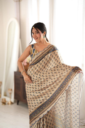 Beige Floral Printed with Mirror Border Chinon Saree (ACA9636)