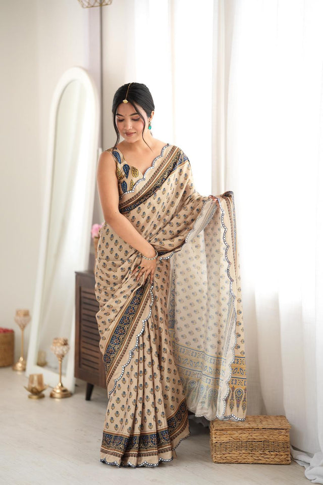 Beige Floral Printed with Mirror Border Chinon Saree (ACA9636)