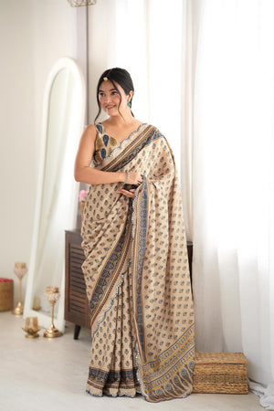 Beige Floral Printed with Mirror Border Chinon Saree (ACA9636)