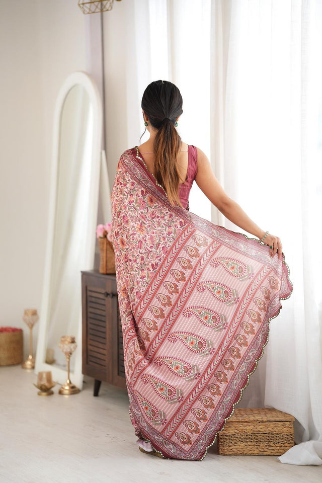 Brown Floral Printed with Mirror Border Chinon Saree (ACA9637)