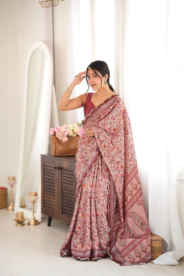Brown Floral Printed with Mirror Border Chinon Saree (ACA9637)