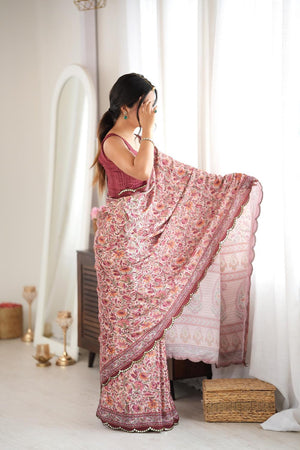 Brown Floral Printed with Mirror Border Chinon Saree (ACA9637)