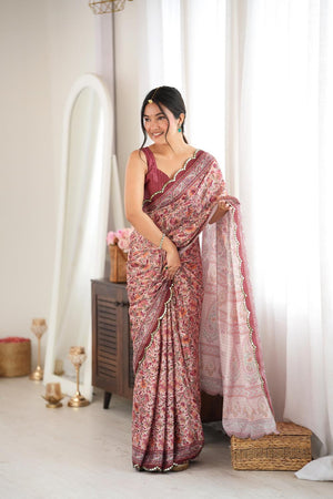 Brown Floral Printed with Mirror Border Chinon Saree (ACA9637)