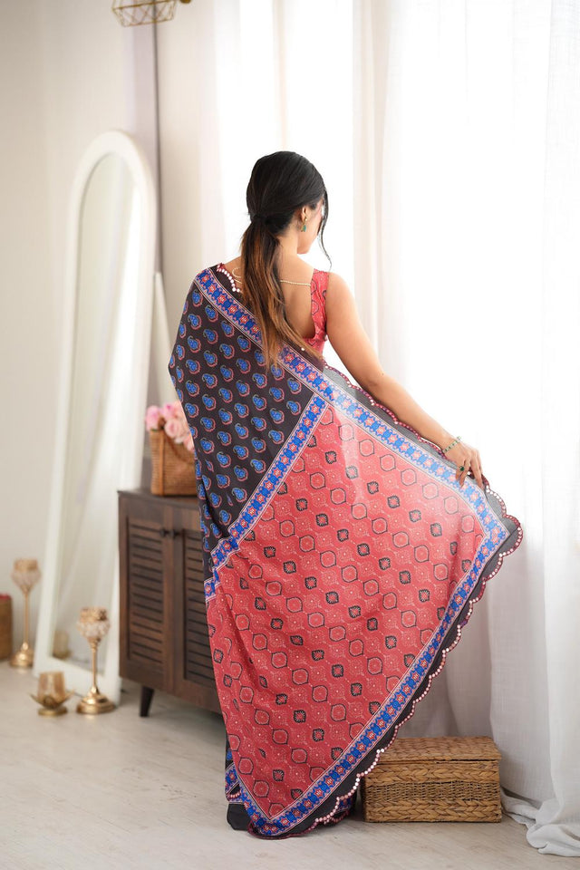 Black Printed with Mirror Border Chinon Saree (ACA9638)