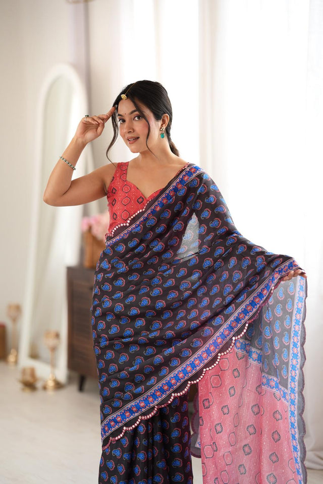 Black Printed with Mirror Border Chinon Saree (ACA9638)