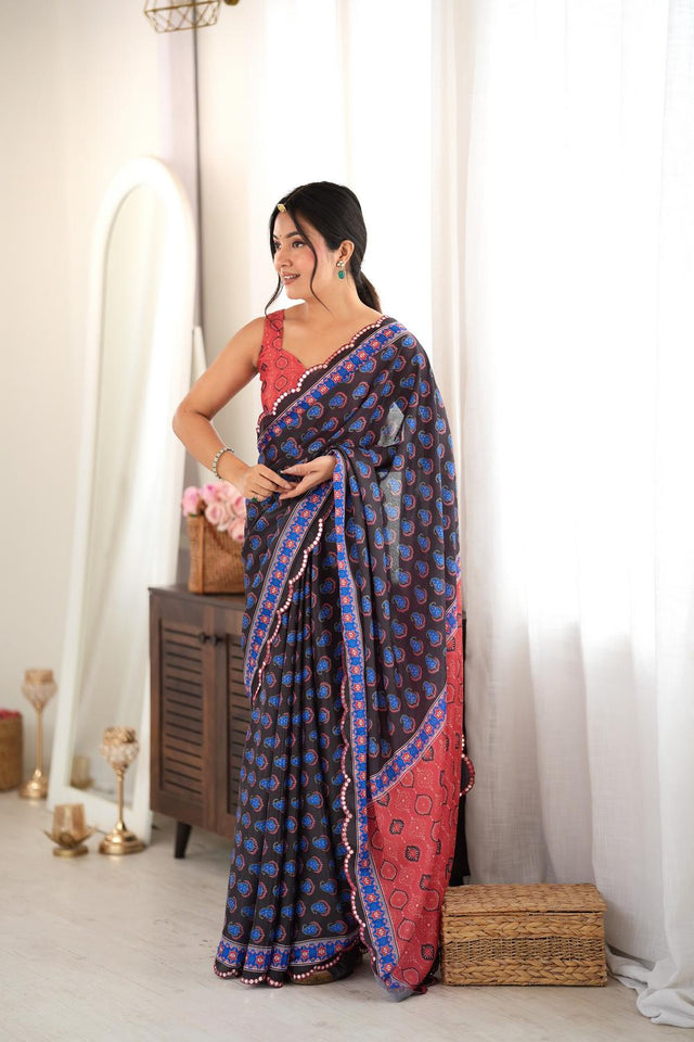Black Printed with Mirror Border Chinon Saree (ACA9638)