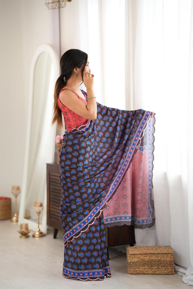 Black Printed with Mirror Border Chinon Saree (ACA9638)