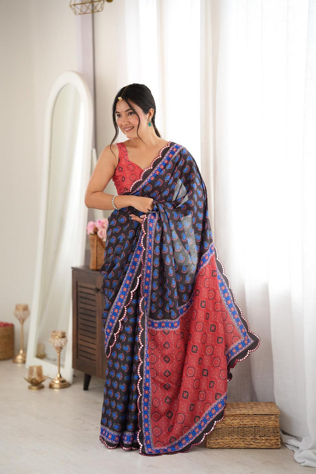Black Printed with Mirror Border Chinon Saree (ACA9638)