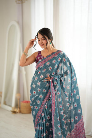 Green Printed with Mirror Border Chinon Saree (ACA9639)