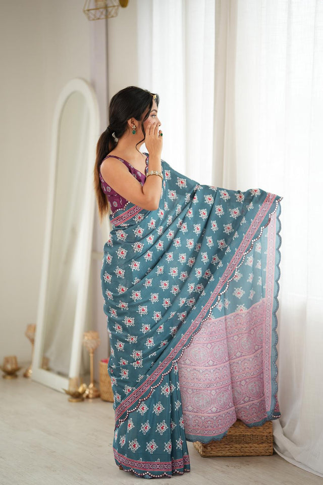 Green Printed with Mirror Border Chinon Saree (ACA9639)