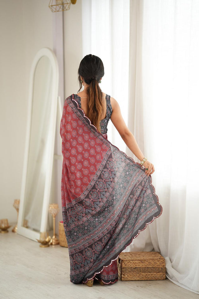 Rust Printed with Mirror Border Chinon Saree (ACA9640)