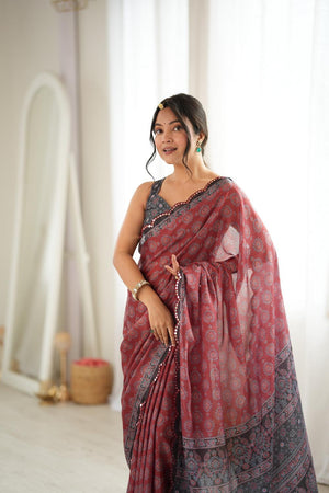 Rust Printed with Mirror Border Chinon Saree (ACA9640)