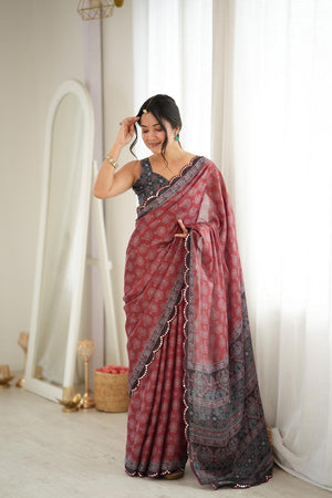 Rust Printed with Mirror Border Chinon Saree (ACA9640)
