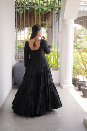 Black Embroidered with Mirror Work Rayon Free Size Stitched Gown (ACA9641)