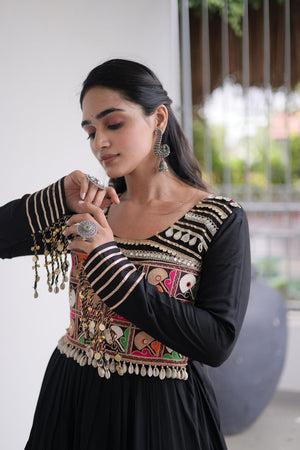 Black Embroidered with Mirror Work Rayon Free Size Stitched Gown (ACA9641)