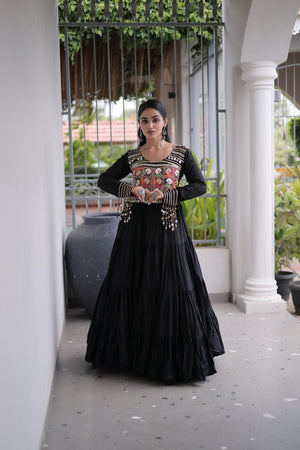 Black Embroidered with Mirror Work Rayon Free Size Stitched Gown (ACA9641)