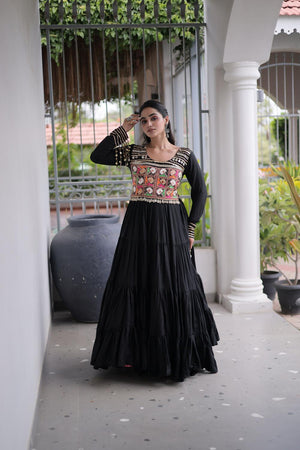 Black Embroidered with Mirror Work Rayon Free Size Stitched Gown (ACA9641)