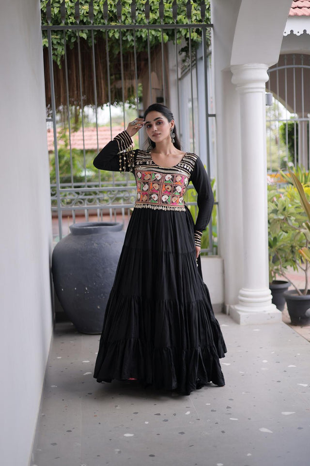 Black Embroidered with Mirror Work Rayon Free Size Stitched Gown (ACA9641)