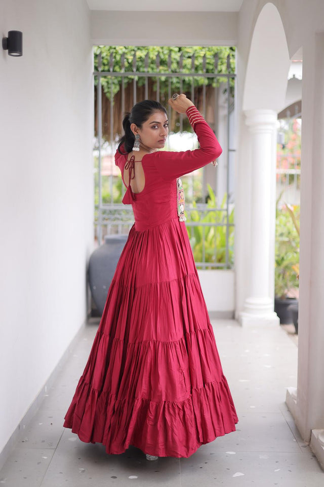 Maroon Embroidered with Mirror Work Rayon Free Size Stitched Gown (ACA9642)
