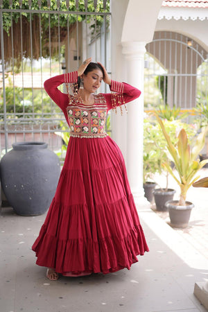 Maroon Embroidered with Mirror Work Rayon Free Size Stitched Gown (ACA9642)