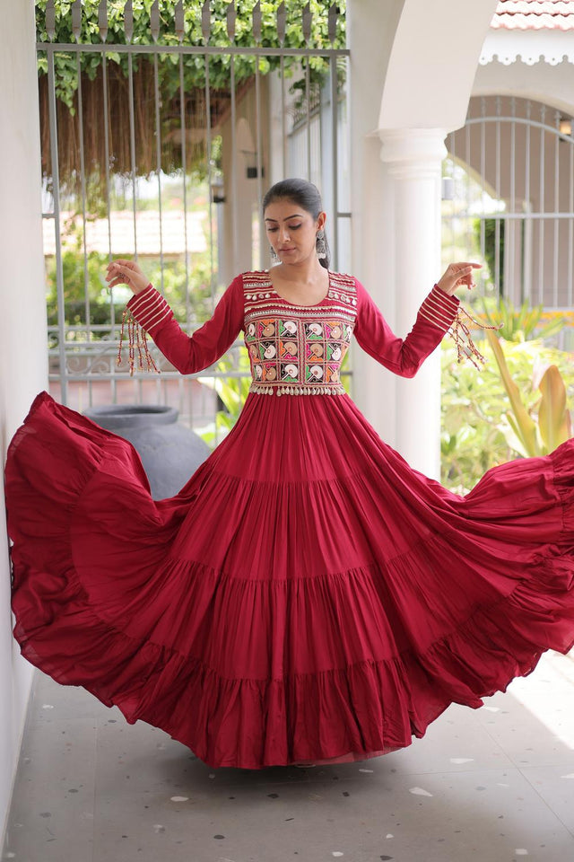 Maroon Embroidered with Mirror Work Rayon Free Size Stitched Gown (ACA9642)