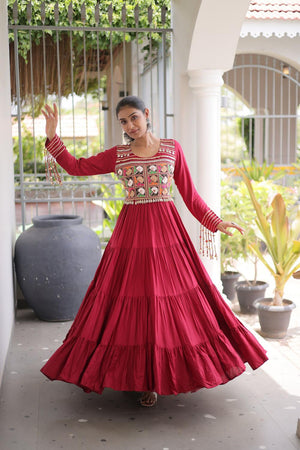Maroon Embroidered with Mirror Work Rayon Free Size Stitched Gown (ACA9642)