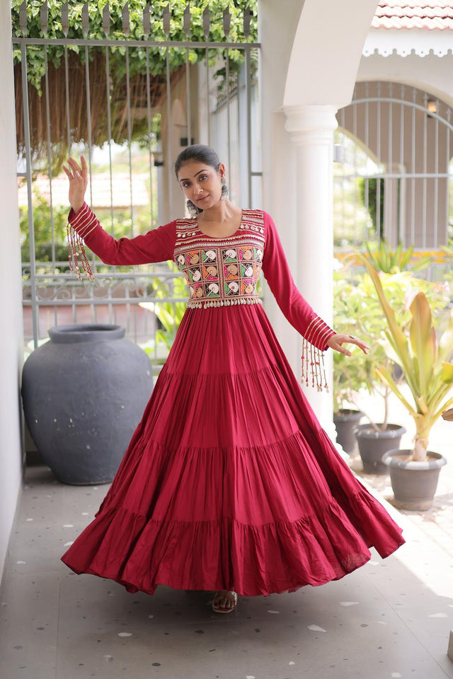 Maroon Embroidered with Mirror Work Rayon Free Size Stitched Gown (ACA9642)