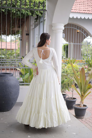 White Embroidered with Mirror Work Rayon Free Size Stitched Gown (ACA9643)