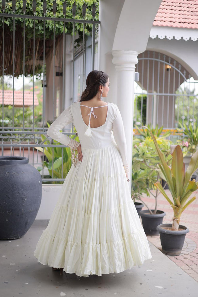 White Embroidered with Mirror Work Rayon Free Size Stitched Gown (ACA9643)
