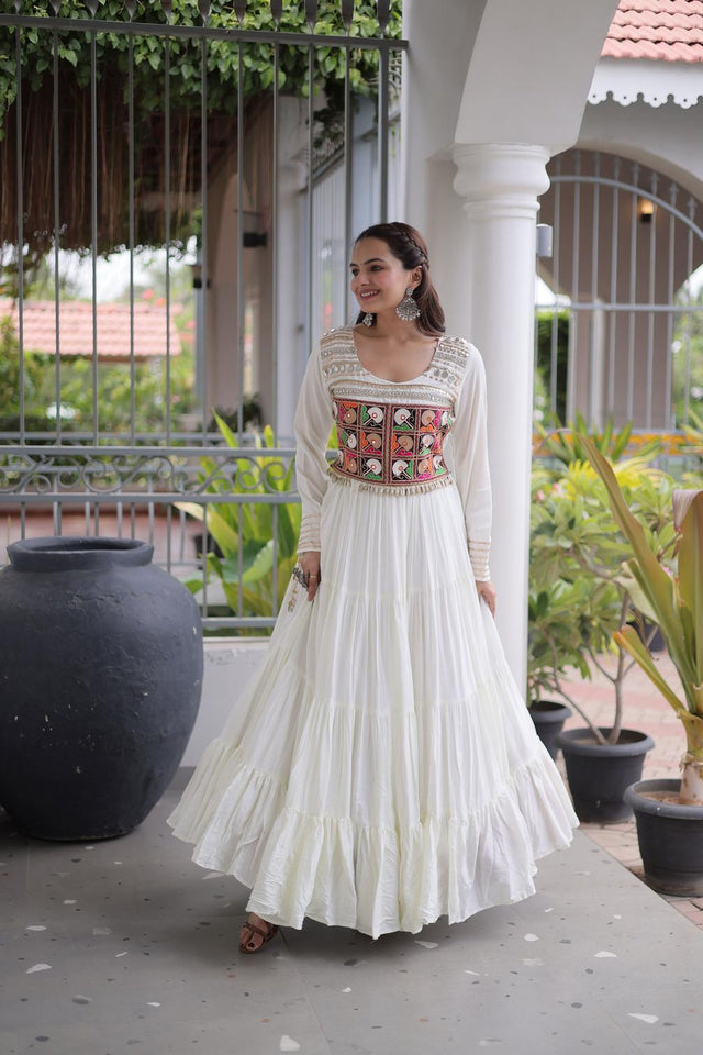 White Embroidered with Mirror Work Rayon Free Size Stitched Gown (ACA9643)