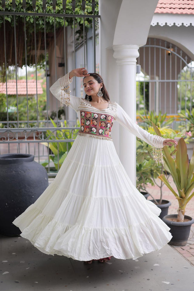 White Embroidered with Mirror Work Rayon Free Size Stitched Gown (ACA9643)