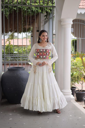 White Embroidered with Mirror Work Rayon Free Size Stitched Gown (ACA9643)