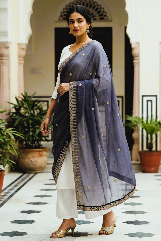 Blue Embroidered Organza Dupatta (ACA9645)