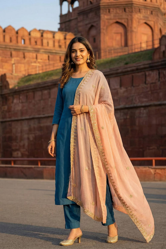 Peach Embroidered Organza Dupatta (ACA9646)
