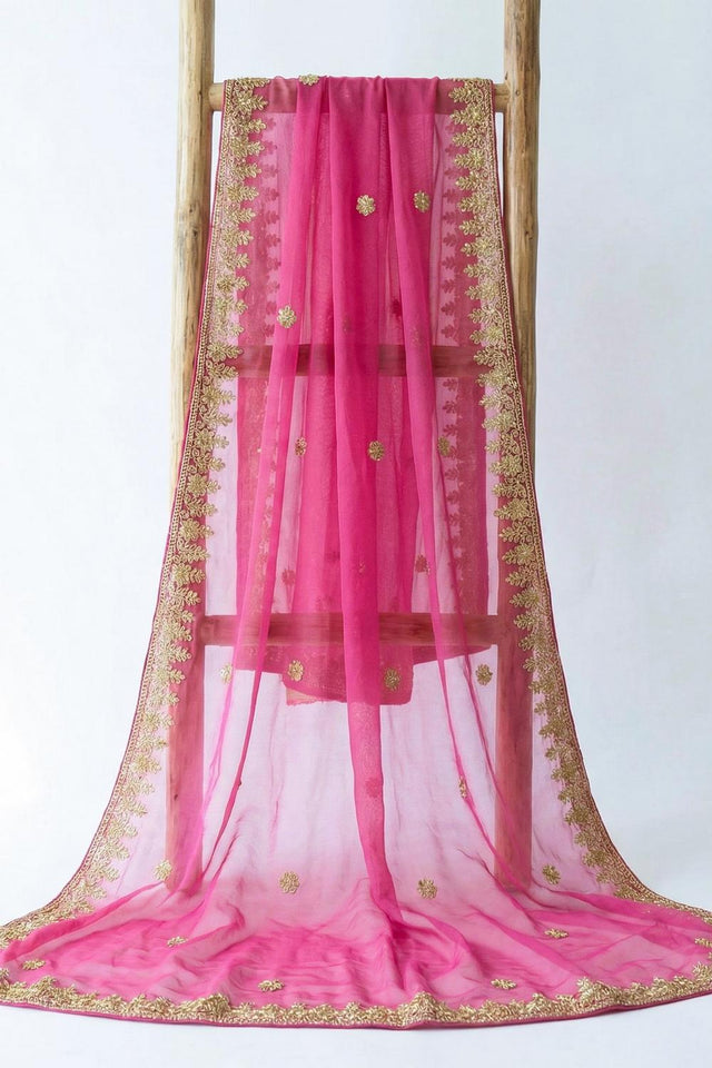Dark Pink Embroidered Organza Dupatta (ACA9648)