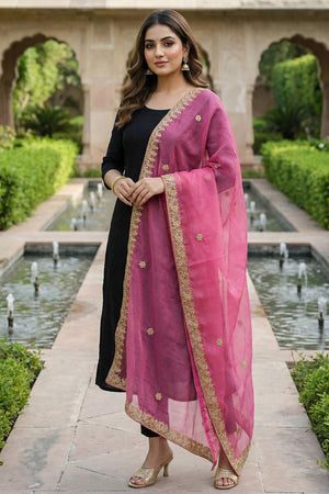 Dark Pink Embroidered Organza Dupatta (ACA9648)