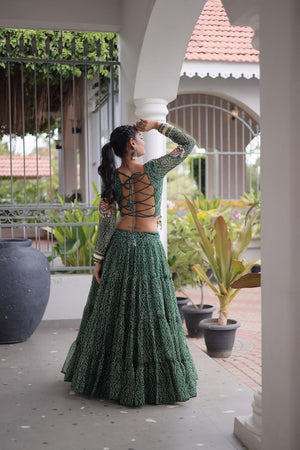 Green Bandhani Printed Georgette Free Size Stitched Lehenga (ACA9649)