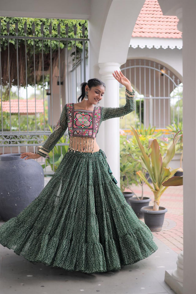 Green Bandhani Printed Georgette Free Size Stitched Lehenga (ACA9649)
