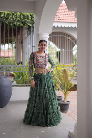 Green Bandhani Printed Georgette Free Size Stitched Lehenga (ACA9649)