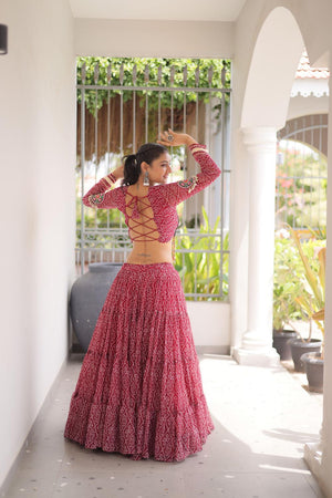 Maroon Bandhani Printed Georgette Free Size Stitched Lehenga (ACA9650)