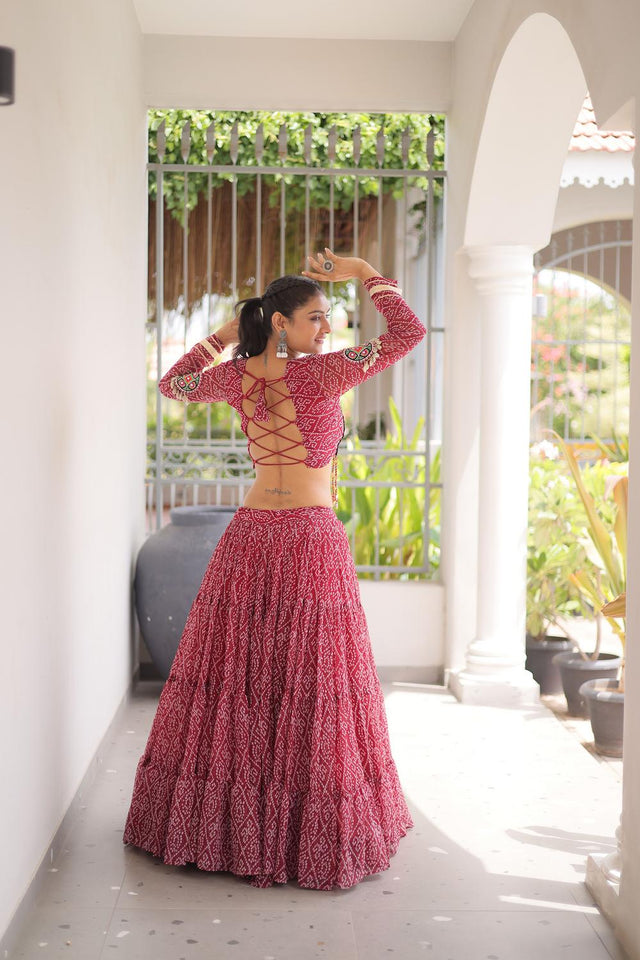 Maroon Bandhani Printed Georgette Free Size Stitched Lehenga (ACA9650)