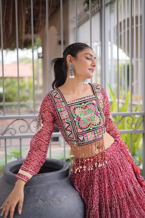 Maroon Bandhani Printed Georgette Free Size Stitched Lehenga (ACA9650)
