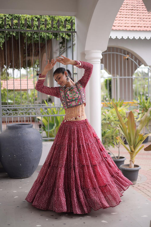 Maroon Bandhani Printed Georgette Free Size Stitched Lehenga (ACA9650)