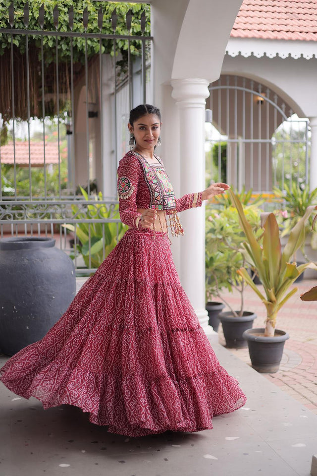 Maroon Bandhani Printed Georgette Free Size Stitched Lehenga (ACA9650)